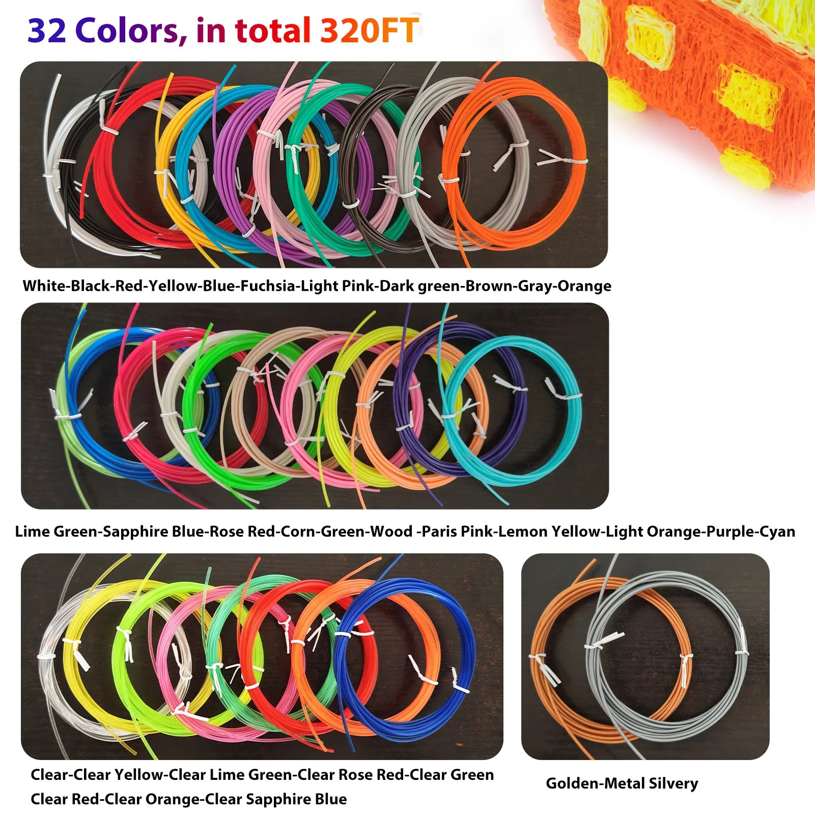 Pack 32 couleurs – Filament PLA 1.75 mm pour stylo 3D (96 m total)